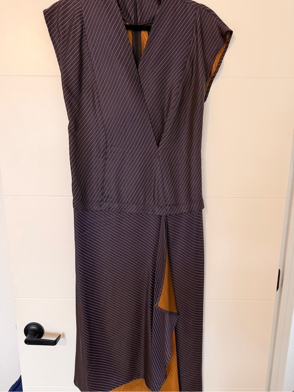 Zero + Maria Cornejo Navy Pinstripe High-Low Wrap Dress with Mustard Lining